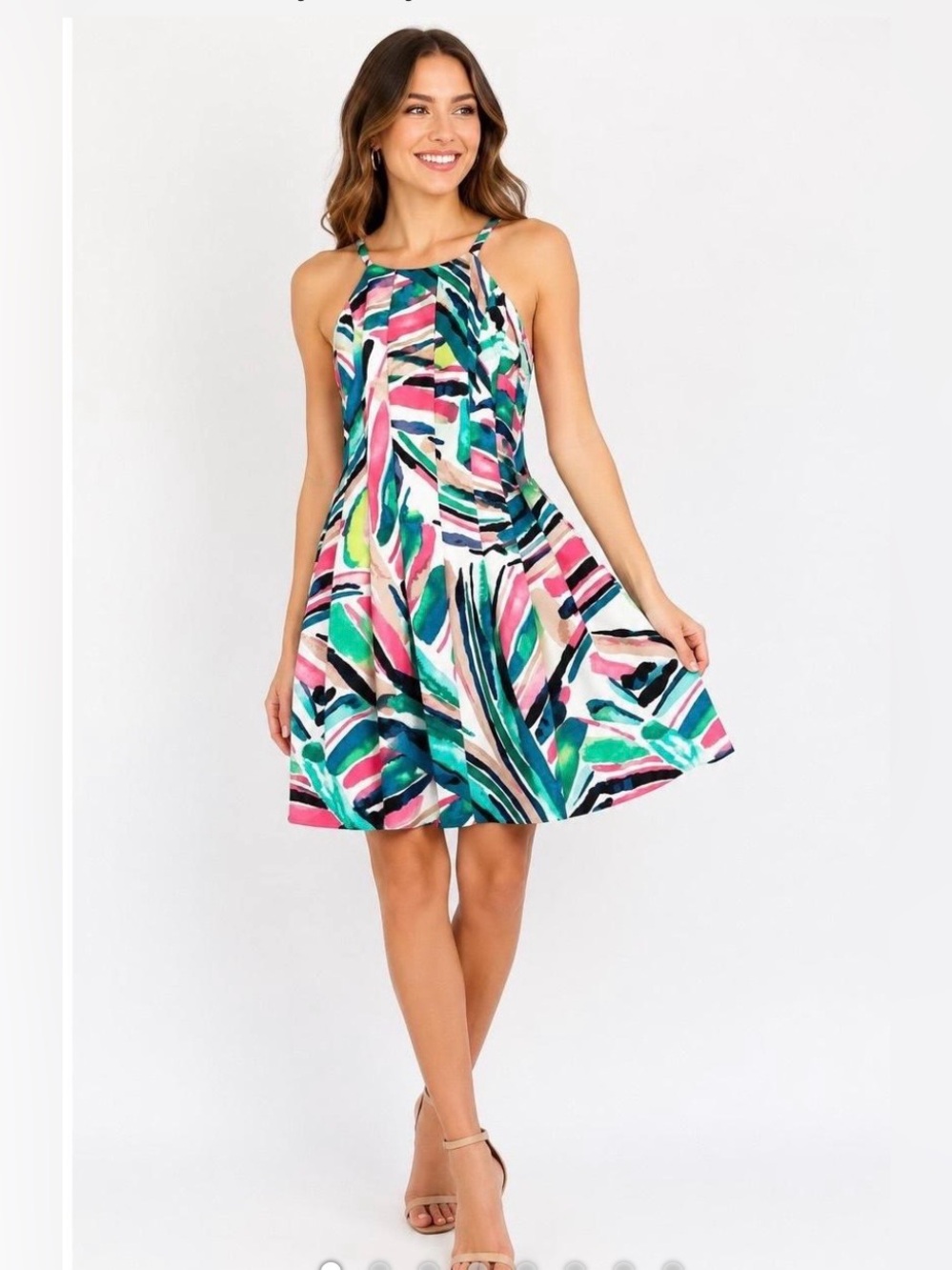 Vince Camuto Pink, Green & Blue Brushstroke Halter Mini Dress